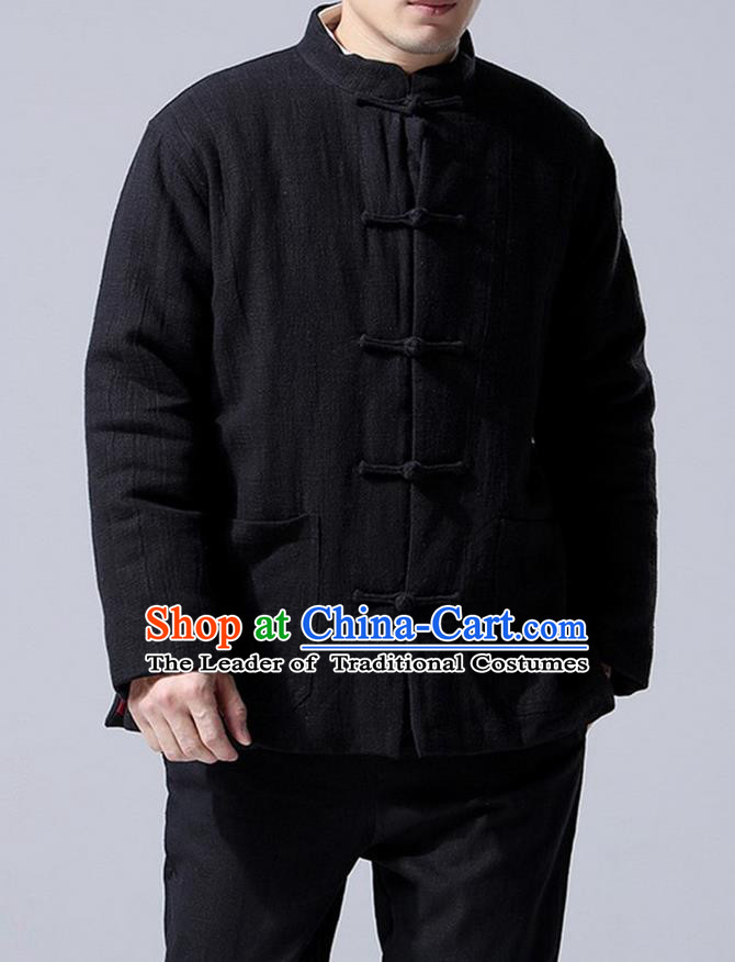 Traditional Top Chinese National Tang Suits Linen Front Opening Costume, Martial Arts Kung Fu Black Overcoat, Chinese Kung fu Plate Buttons Upper Outer Garment Jacket, Chinese Taichi Thin Cotton-Padded Coats Wushu Clothing for Men