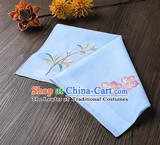 Traditional Ancient Chinese Palace Embroidered Peach Blossom Blue Handkerchief for Women