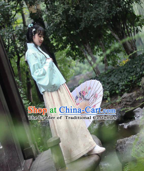 Traditional Ancient Chinese Female Costume Blouse and Skirt Complete Set, Elegant Hanfu Clothing Chinese Ming Dynasty Palace Lady Linen Embroidered Clothing for Women