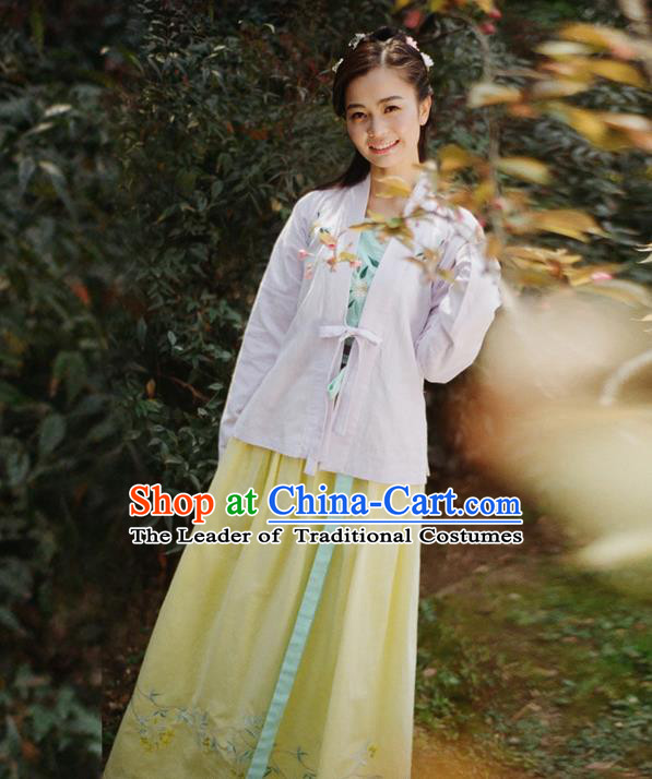 Traditional Ancient Chinese Female Costume Blouse and Dress Complete Set, Elegant Hanfu Front Opening Clothing Chinese Ming Dynasty Palace Lady Embroidered Gardenia Clothing for Women