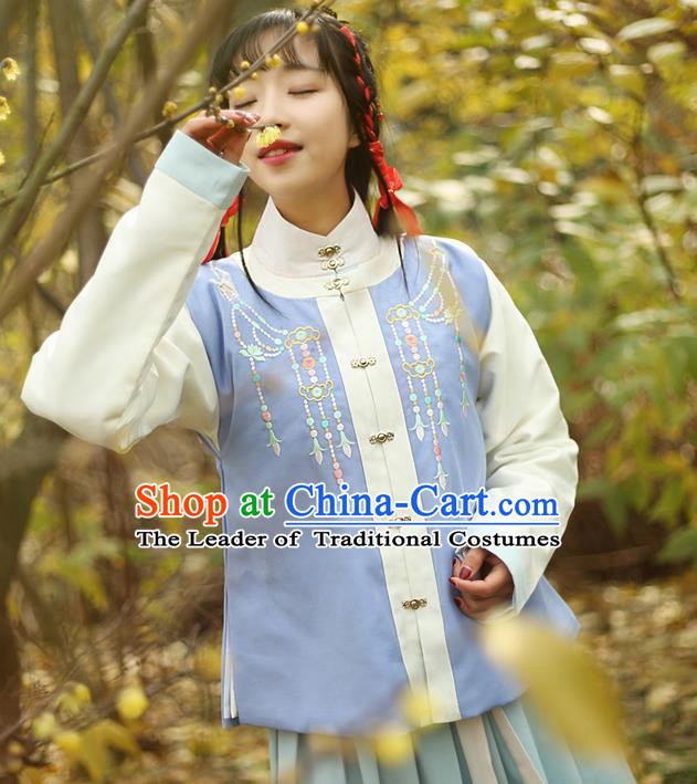 Traditional Ancient Chinese Female Costume Round Collar Vest, Elegant Hanfu Vest Chinese Ming Dynasty Palace Lady Embroidered Front Opening Waistcoat Clothing for Women