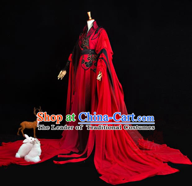 Traditional Ancient Chinese Imperial Consort Costume, Elegant Hanfu Cosplay Fairy Red Wedding Dress Chinese Han Dynasty Imperial Empress Embroidered Flowers Tailing Clothing for Women