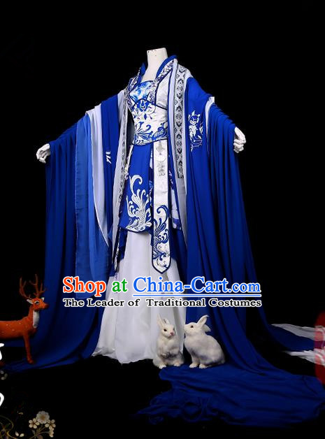 Traditional Ancient Chinese Swordsman Costume, Elegant Hanfu Cosplay Fairy Deep Blue Wide Sleeve Dress Chinese Han Dynasty Imperial Empress Printing Phoenix Tailing Clothing for Women