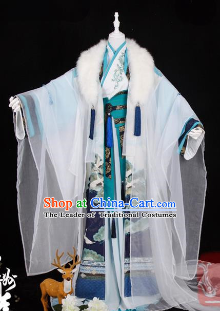 Traditional Ancient Chinese Palace Queen Costume, Elegant Hanfu Cosplay Fairy Wide Sleeve Dress Chinese Tang Dynasty Imperial Empress Embroidery Crane Phoenix Tailing Clothing for Women