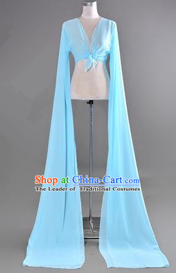 Traditional Chinese Long Sleeve Water Sleeve Dance Suit China Folk Dance Chiffon Long Blue Ribbon for Women