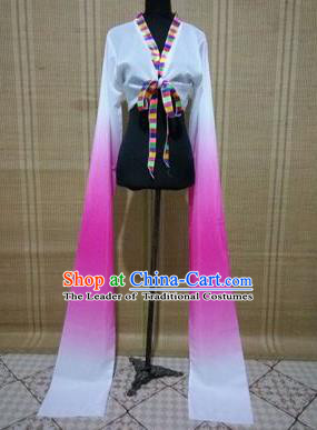 Traditional Chinese Long Sleeve Tibetan Nationality Water Sleeve Dance Suit China Folk Dance Koshibo Long White and Pink Gradient Ribbon for Women