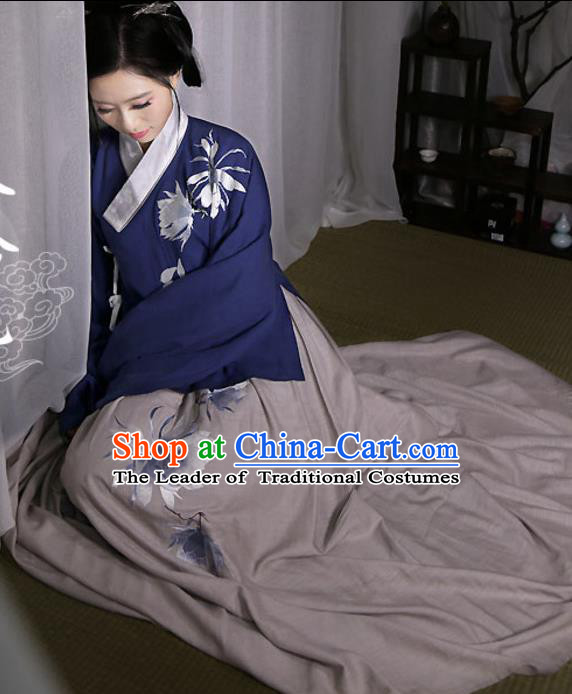 Traditional Ancient Chinese Female Costume Navy Blouse and Dress Complete Set, Elegant Hanfu Clothing Chinese Ming Dynasty Palace Princess Embroidered Epiphyllum Clothing for Women