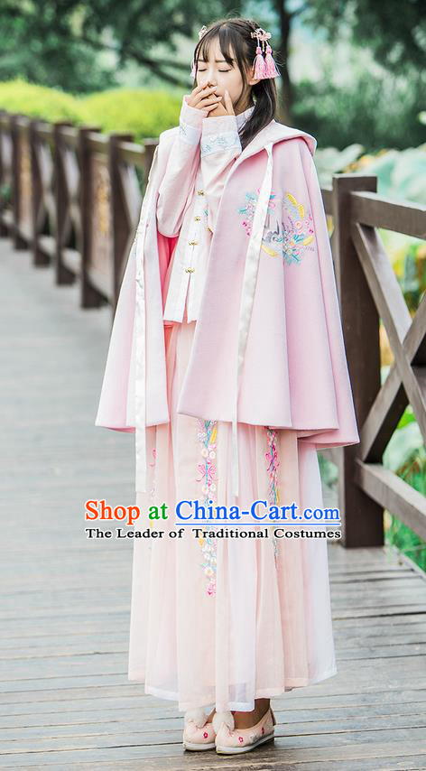 Traditional Ancient Chinese Female Costume Woolen Cardigan, Elegant Hanfu Short Cloak Chinese Ming Dynasty Palace Lady Embroidered Swallow Hooded Pink Cape Clothing for Women