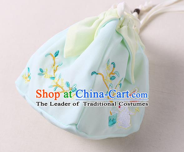 Traditional Ancient Chinese Embroidered Handbags Hanfu Embroidered Rabbit Flowers Square Light Green Bag for Women