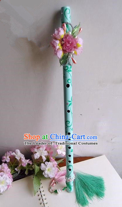 Traditional Handmade Chinese Ancient Green Flowers Gradient Tassel Flute for Women