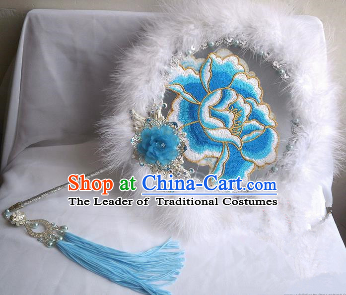 Traditional Chinese Handmade Ancient Hanfu Blue Plush Embroidered Round Fan Props for Women