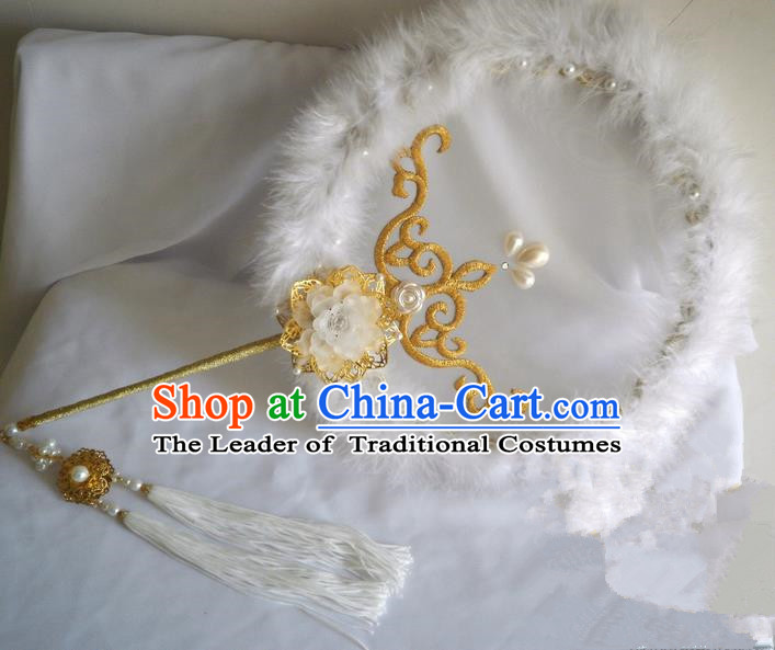 Traditional Chinese Handmade Ancient Hanfu Cosplay Purple Feather Round Pearl Fan Props for Women