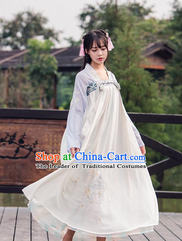 Traditional Ancient Chinese Female Costume Blouse and Dress Complete Set, Elegant Hanfu Clothing Chinese Tang Dynasty Embroidering Pavilions Palace Princess Clothing for Women