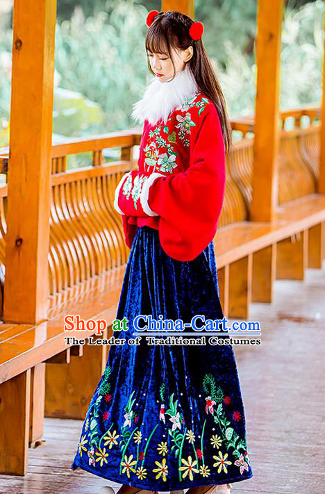 Traditional Ancient Chinese Female Costume Woolen Red Blouse and Blue Dress Complete Set, Elegant Hanfu Clothing Chinese Ming Dynasty Palace Princess Embroidered Clothing for Women