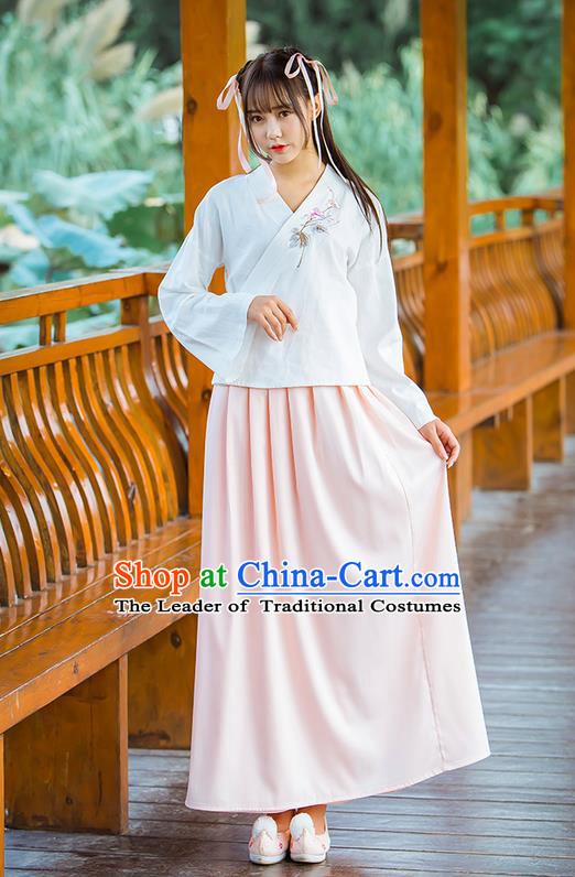 Traditional Ancient Chinese Female Costume Blue Blouse and Pink Dress Complete Set, Elegant Hanfu Clothing Chinese Ming Dynasty Palace Princess Embroidered Clothing for Women