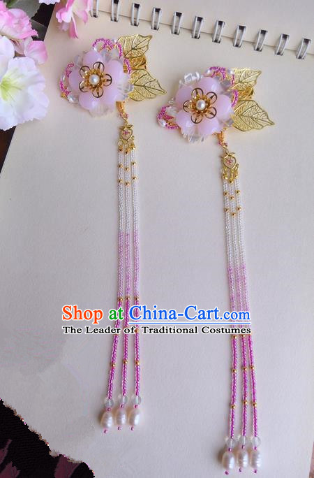 Traditional Handmade Chinese Ancient Classical Blue Flowers Hair Accessories, Pure Cupper Hair Sticks Tassel Hair Claws, Hair Fascinators Hairpins for Women