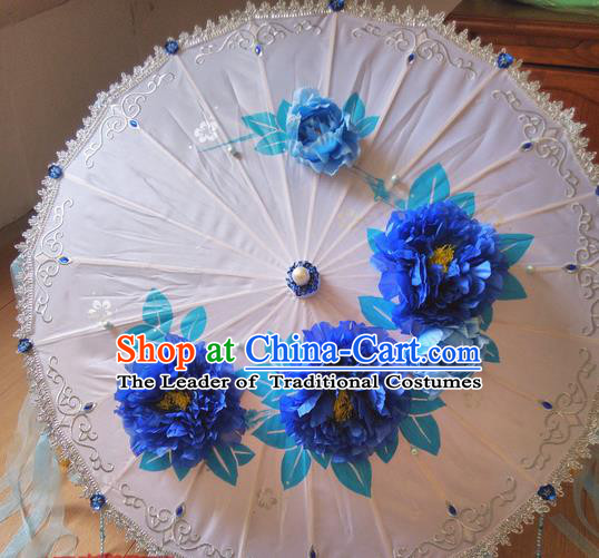 Traditional Chinese Handmade Ancient Hanfu Dance Blue Flowers Umbrella Props for Women