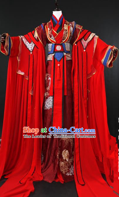 Traditional Ancient Chinese Imperial Emperor Wedding Costume Complete Set, Elegant Hanfu Palace King Red Robe, Chinese Han Dynasty Majesty Tailing Embroidered Clothing for Men