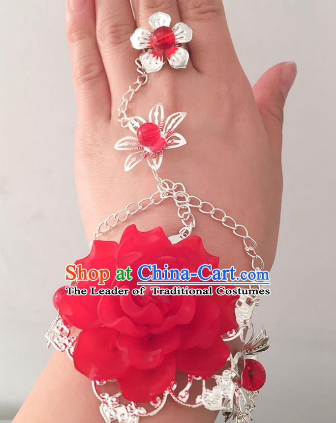 Traditional Handmade Chinese Ancient Princess Classical Accessories Jewellery Red Flowers Bracelets Chain Bracelet with Ring for Women