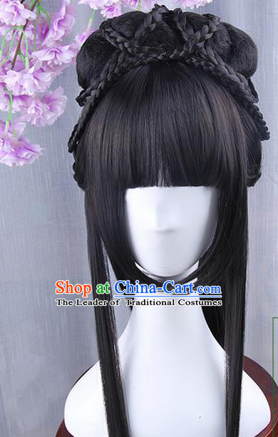 Traditional Handmade Ancient Chinese Han Dynasty Imperial Princess Wig, Ancient Chinese Hanfu Cosplay Fairy Palace Lady Queen Neat Bang Wig for Women