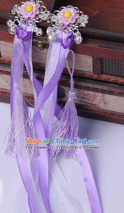 Traditional Handmade Chinese Ancient Princess Classical Hanfu Accessories Jewellery Purple Long Ribbons Bells Hair Sticks Hair Claws, Tassel Hair Fascinators Hairpins for Women