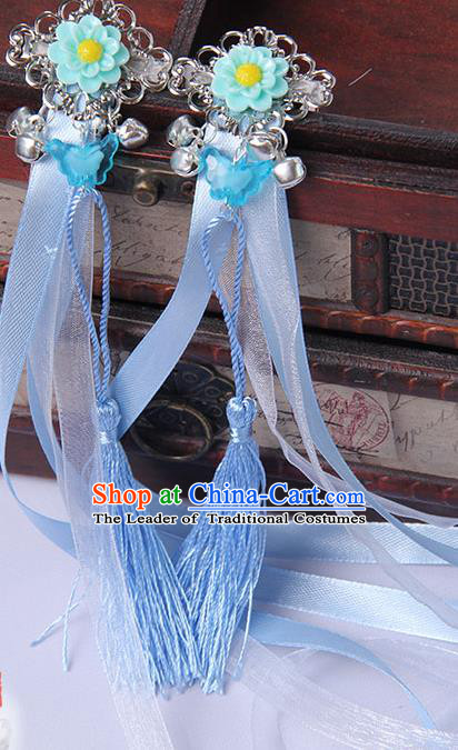 Traditional Handmade Chinese Ancient Princess Classical Hanfu Accessories Jewellery Blue Long Ribbons Bells Hair Sticks Hair Claws, Tassel Hair Fascinators Hairpins for Women