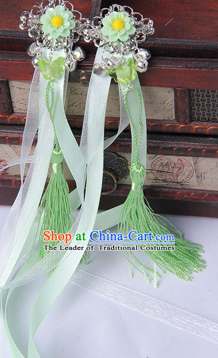 Traditional Handmade Chinese Ancient Princess Classical Hanfu Accessories Jewellery Green Long Ribbons Bells Hair Sticks Hair Claws, Tassel Hair Fascinators Hairpins for Women