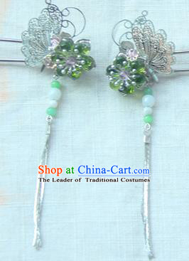 Traditional Handmade Chinese Ancient Princess Classical Hanfu Accessories Jewellery Green Glass Hair Sticks Hair Step Shake, Tassel Hair Fascinators Hairpins for Women