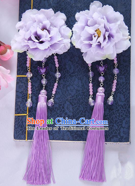 Traditional Handmade Chinese Ancient Princess Classical Hanfu Accessories Jewellery Lavender Silk Flowers Hair Sticks Hair Claws, Tassel Hair Fascinators Hairpins for Women