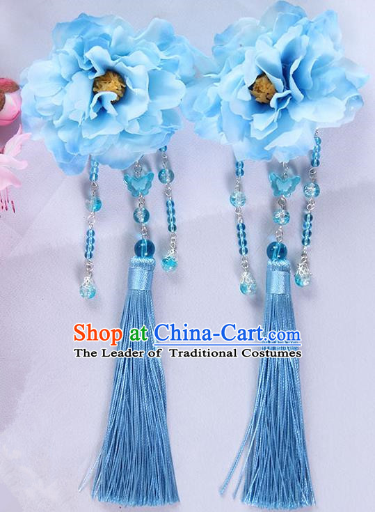 Traditional Handmade Chinese Ancient Princess Classical Hanfu Accessories Jewellery Blue Silk Flowers Hair Sticks Hair Claws, Tassel Hair Fascinators Hairpins for Women