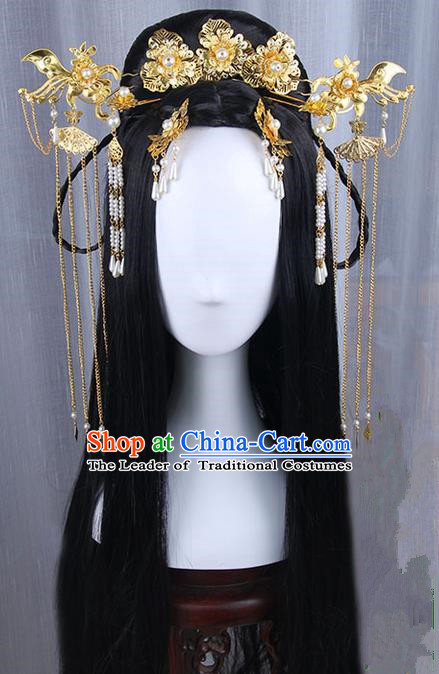 Traditional Handmade Ancient Chinese Han Dynasty Imperial Princess Peony Tassels Hair Decoration Hairpin and Wig Complete Set, Ancient Chinese Hanfu Cosplay Fairy Queen Young Lady Headwear and Wig for Women