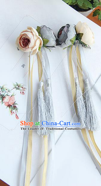 Traditional Handmade Chinese Ancient Princess Classical Hanfu Accessories Jewellery Silk Flowers Long Ribbon Hair Sticks Hair Claws, Tassel Hair Fascinators Hairpins for Women