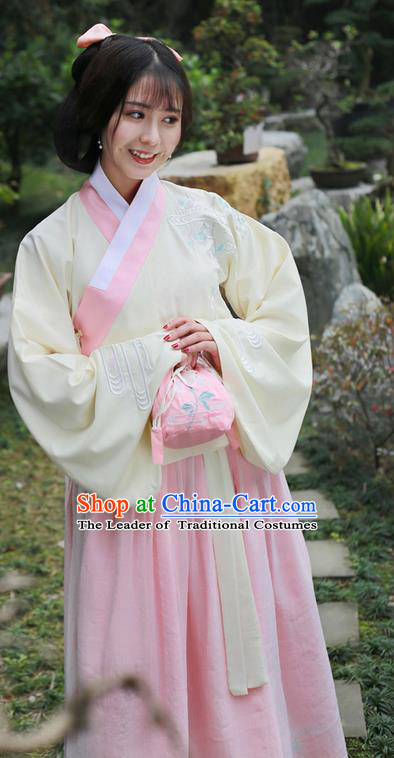 Traditional Ancient Chinese Female Costume Embroidered Flowers Blouse and Dress Complete Set, Elegant Hanfu Clothing Chinese Ming Dynasty Embroidered Palace Princess Clothing for Women