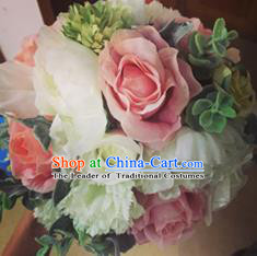 Top Grade Classical Wedding Silk Flowers, Bride Holding Emulational Pink Flowers, Hand Tied Bouquet Flowers for Women