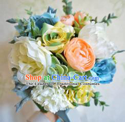 Top Grade Classical Wedding Silk Flowers, Bride Holding Emulational Blue Flowers, Hand Tied Bouquet Flowers for Women