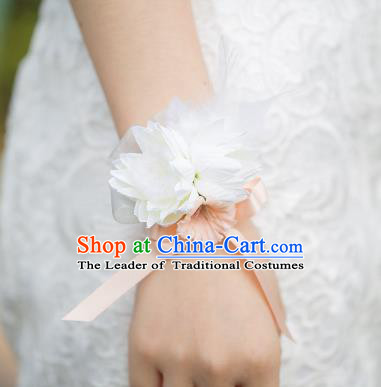 Top Grade Classical Wedding Silk Flowers, Bride Emulational Wrist Flowers Bridesmaid Bracelet Pink Feather Flowers for Women