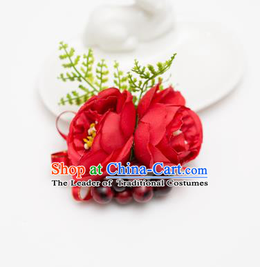 Top Grade Classical Wedding Silk Flowers, Bride Emulational Wrist Flowers Bridesmaid Bracelet Red Flowers for Women