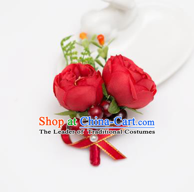 Top Grade Classical Wedding Silk Flowers,Groom Emulational Corsage Groomsman Red Brooch Flowers for Men