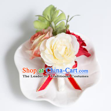 Top Grade Classical Wedding Silk Flowers,Groom Emulational Corsage Groomsman Red Brooch Flowers for Men