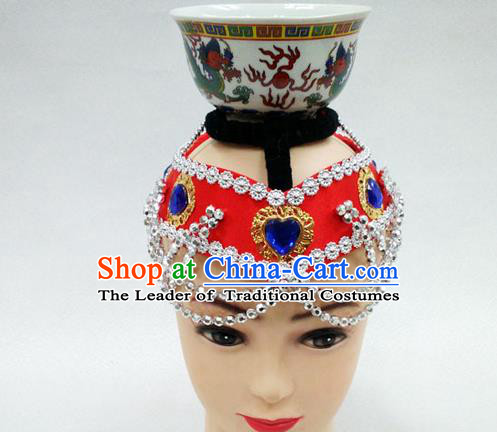 Traditional Chinese Mongol Nationality Dancing Accessories Headdress, Mongolian Folk Dance Ethnic Headwear Top Bowl Dance Red Hat for Women