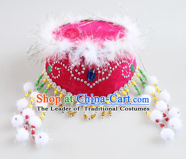 Traditional Chinese Mongol Nationality Dancing Accessories Headdress, Mongolian Kids Folk Dance Ethnic Headwear China Minority Palace Princess Dance Rose Hat for Children