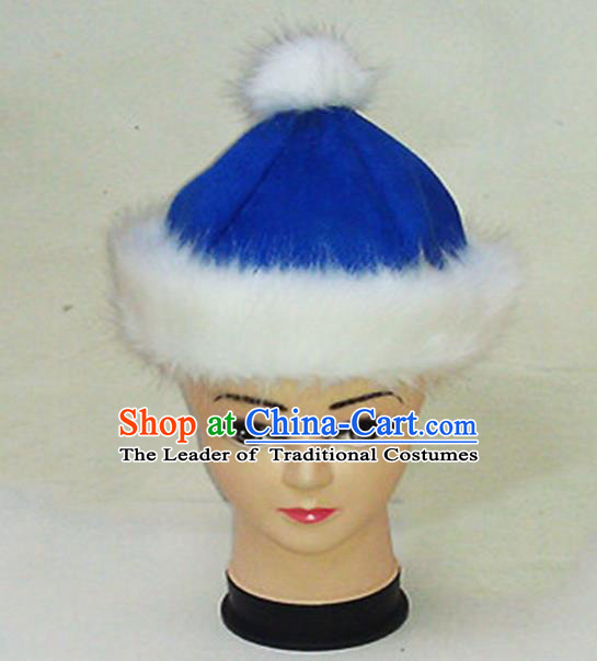 Traditional Chinese Mongol Nationality Dancing Accessories Headdress, Mongolian Folk Dance Ethnic Children Headwear China Mongolian Minority Palace Princess Blue Deer Velvet Hat for Kids