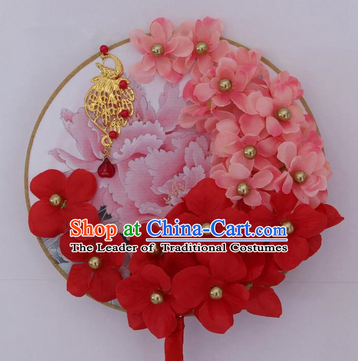 Traditional Handmade Chinese Ancient Classical Wedding Accessories Flowers Decoration, Bride Wedding Flowers Round Fan, Hanfu Xiuhe Suit Palace Pearl Phoenix Fan for Women