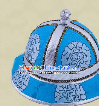 Traditional Chinese Top Grade Mongol Nationality Dancing Accessories Headdress, Mongolian Princes Folk Dance Ethnic Headwear China Mongolian Minority Royal Highness Wedding Round Blue Hat for Men