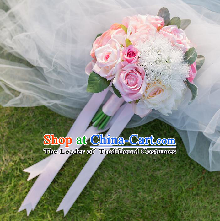 Top Grade Classical Wedding Silk Flowers, Bride Holding Emulational Flowers, Hand Tied Bouquet Pink Flowers for Women