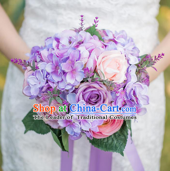 Top Grade Classical Wedding Silk Flowers Ball, Bride Holding Emulational Flowers, Hand Tied Bouquet Lavender Flowers for Women