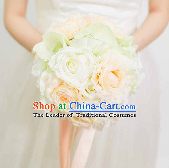 Top Grade Classical Wedding Silk Flowers Champagne Flowers Ball, Bride Holding Emulational Flowers, Hand Tied Bouquet Flowers for Women