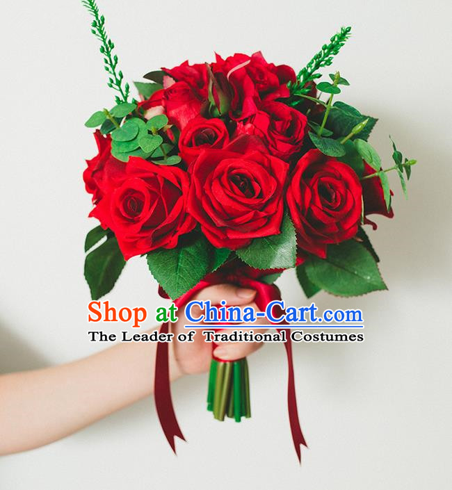 Top Grade Classical Wedding Silk Flowers Red Rose Flowers Ball, Bride Holding Emulational Flowers, Hand Tied Bouquet Flowers for Women