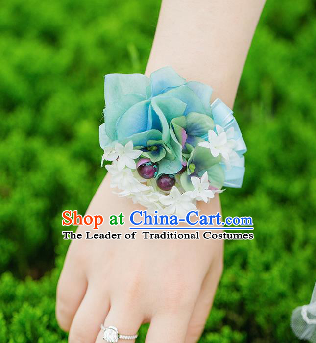 Top Grade Classical Wedding Silk Flowers, Bride Emulational Wrist Flowers Bridesmaid Bracelet Blue Flowers for Women