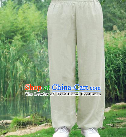 Traditional Chinese Top Linen Kung Fu Costume Martial Arts Kung Fu Training Light Grey Pants, Tang Suit Gongfu Shaolin Wushu Clothing Tai Chi Taiji Teacher Trousers for Men